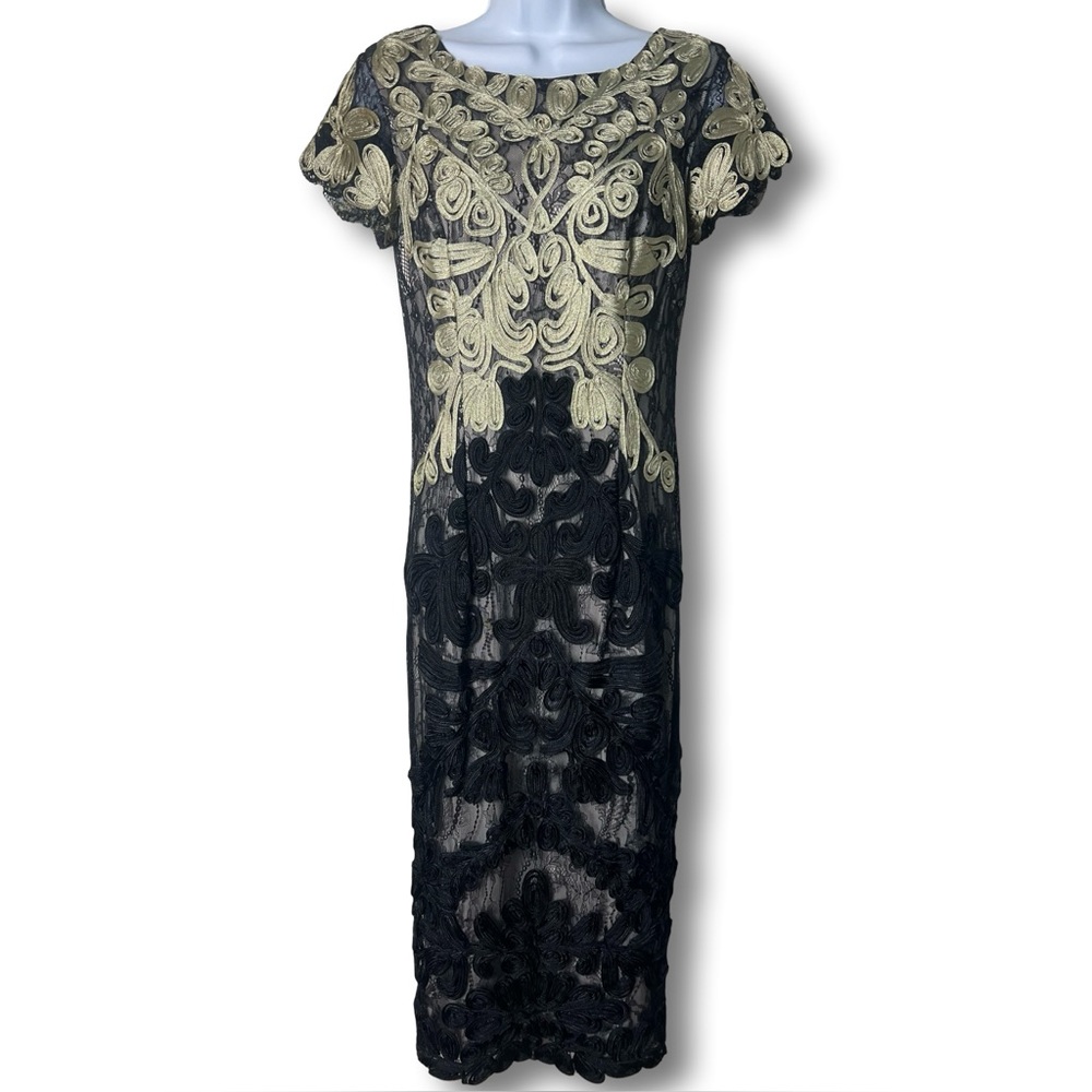 JS Collections Color Block Soutache Embroidered Lace Midi Dress Black Gold Sz. 2